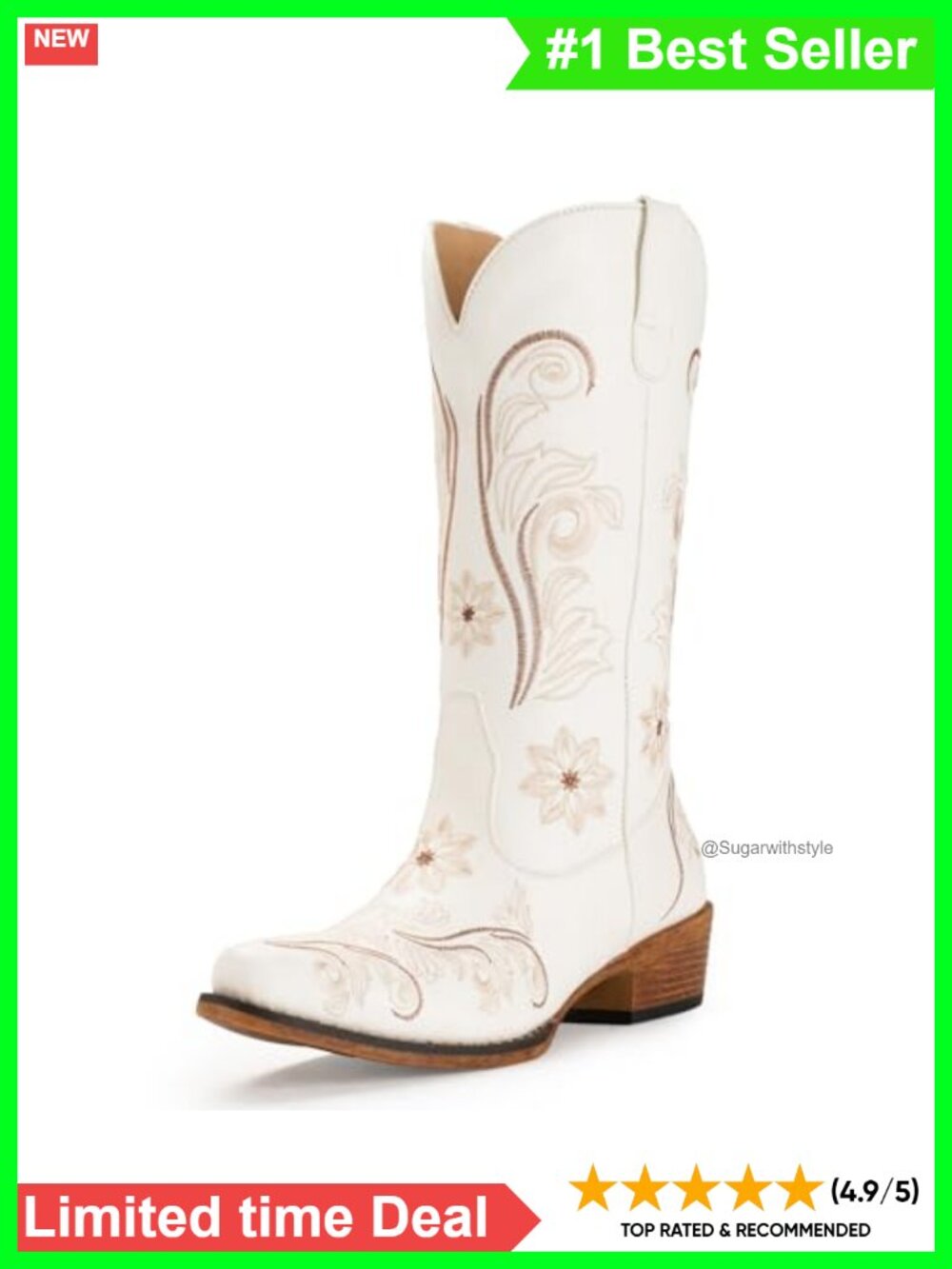 Embroidered Mid Calf Cowboy Boots Pull On Western Cowgirl Bootie